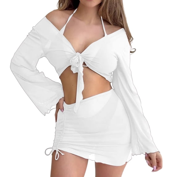 IYYVV Women'S 4 Piece Swimsuits Triangle Halter Bikini Set With Tie Side Cover Up Shrug And Sarong Wraps White XL
