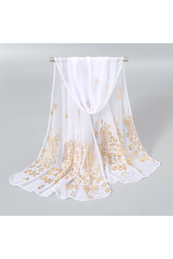 Women'S Bright Peacock Gold Foil Long Scarf Summer Thin Wrap Shawls Elegant Dressy Sheer Stole White