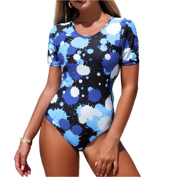 IYYVV Women'S Crew Neck Short Sleeve Swimsuit Athletic Surfing Bathing Suit One Piece Rash Guard Tie Dye Blue M