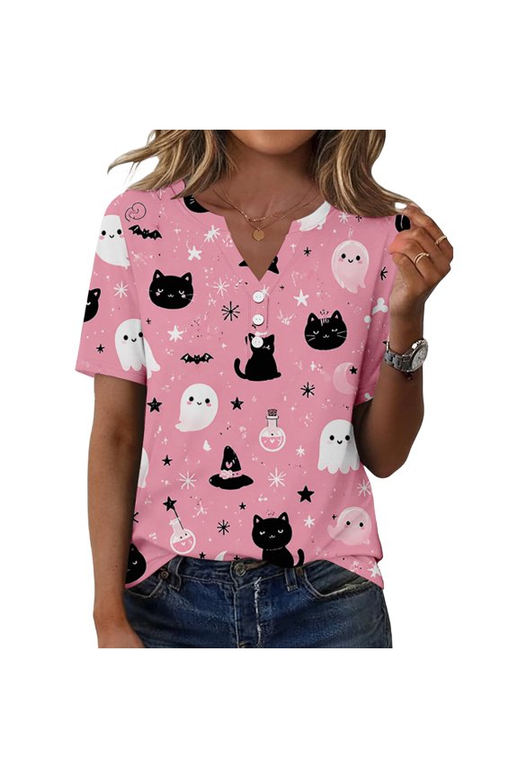Women'S Halloween Shirt Goth Spooky Ghost Graphic Blouse Henley V Neck Short Sleeve Festival Gift Flying Undershirt Pink 3XL