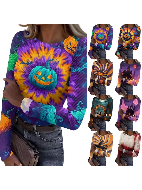 Women'S Halloween Shirt Long Sleeve Crew Neck Devil Ghost Face Ribbed Knit Tshirt Cemetery Print Festival Bloody Fall Fashion Blouse Cyan M