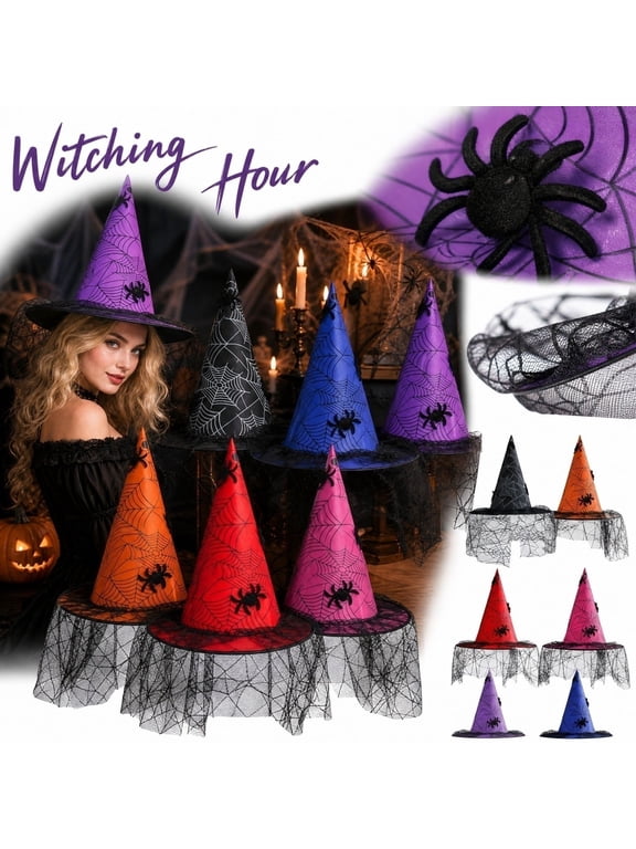 Women'S Halloween Witch Hat Wide Brim Spire Funny Gothic Caps Hats Halloween Party Costumes Accessory Blue