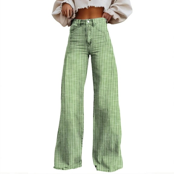 IYYVV Women Y2K Striped Jeans Wide Leg Bootcut Flare Boyfriend Baggy Stretchy High Waisted Trendy Denim Pants with Pockets Green L