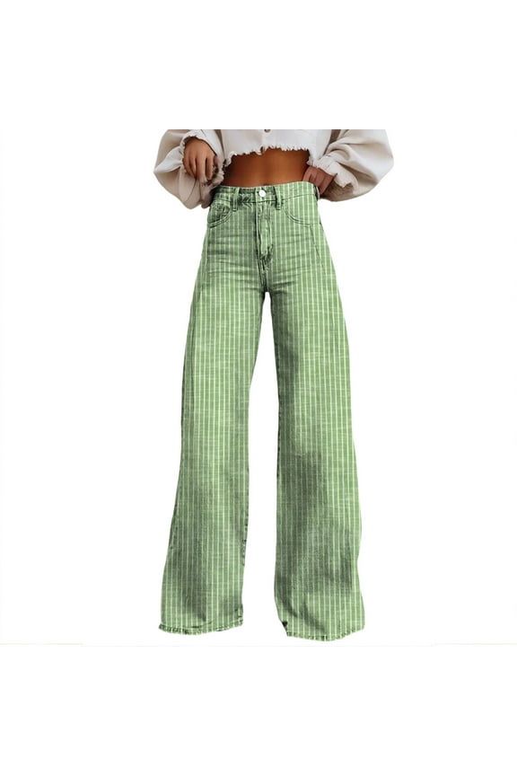 Women Y2K Striped Jeans Wide Leg Bootcut Flare Boyfriend Baggy Stretchy High Waisted Trendy Denim Pants with Pockets Green S