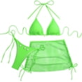 thumbnail image 1 of IYYVV Women's 3 Piece Bikini Sets Halter Top Side Tie Bottom Mesh Cover Up Skirt Swimsuit Summer Beach Bathing Suit Green S, 1 of 4