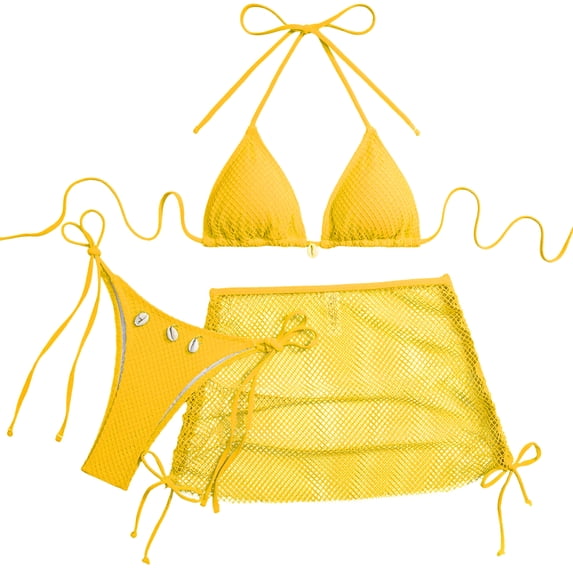 IYYVV Women's 3 Piece Bikini Sets Halter Top Side Tie Bottom Mesh Cover Up Skirt Swimsuit Summer Beach Bathing Suit Yellow M