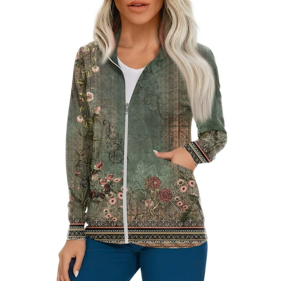 IYYVV Women's Comfort Fit Long Sleeve Full-Zip Scrubs Bomber Jacket Fall Winter Scrub Coat Army Green 2XL