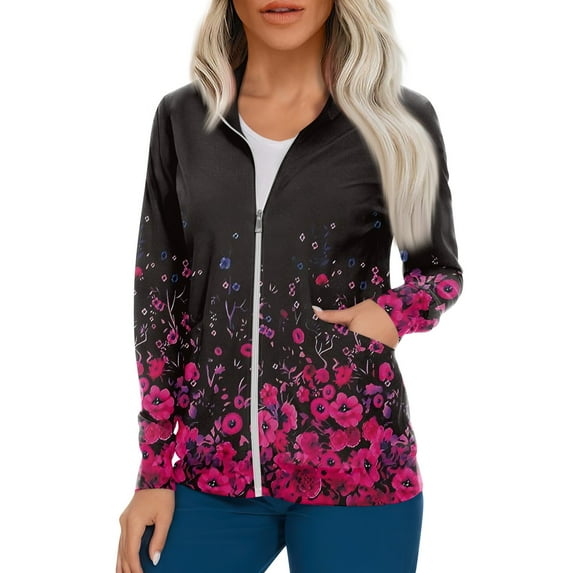 IYYVV Women's Comfort Fit Long Sleeve Full-Zip Scrubs Bomber Jacket Fall Winter Scrub Coat Hot Pink S