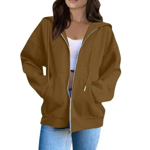 IYYVV Women's Full Zip Up Hoodies Long Sleeve Hooded Sweatshirts Pockets Jacket Coat for Women Hoodie Pullover with Pocket Brown 3XL