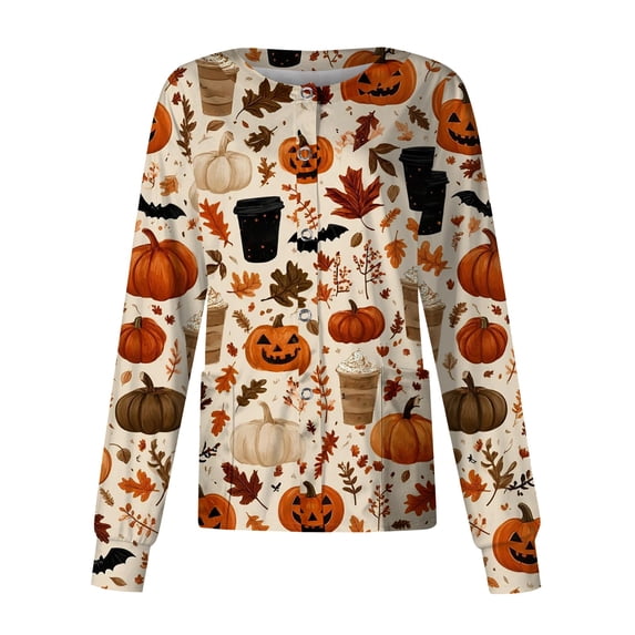 IYYVV Women's Halloween Scrub Jacket Pumpkin Ghost Long Sleeve Medical Nursing Uniforms Cute Plus Size Nursing Shirts with Pocket Multicolor M