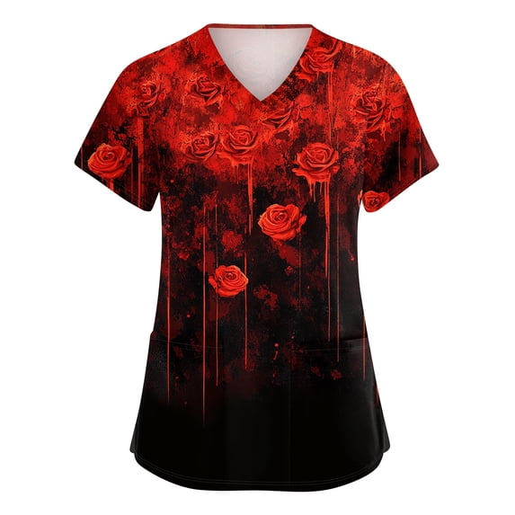 IYYVV Women's Halloween Scrub Top Pumpkin Ghost Plus Size Medical Nursing Uniforms Work Plus Size Nursing Uniforms with 2 Pockets Red 2XL