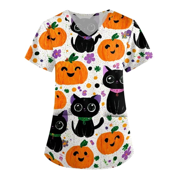 IYYVV Women's Halloween Scrub Top Pumpkin Ghost Plus Size Nursing Tops Print V Neck Medical Uniforms with Pockets White L