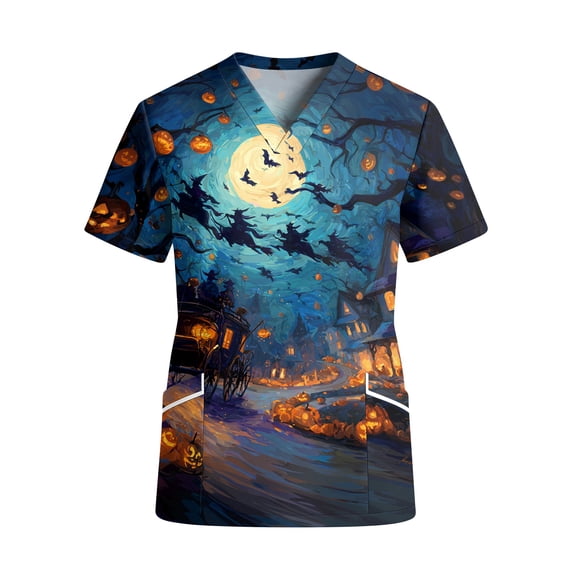 IYYVV Women's Halloween Scrub Top Pumpkin Ghost V Neck Scrub Shirts Print V Neck Scrubs with Pockets Blue S