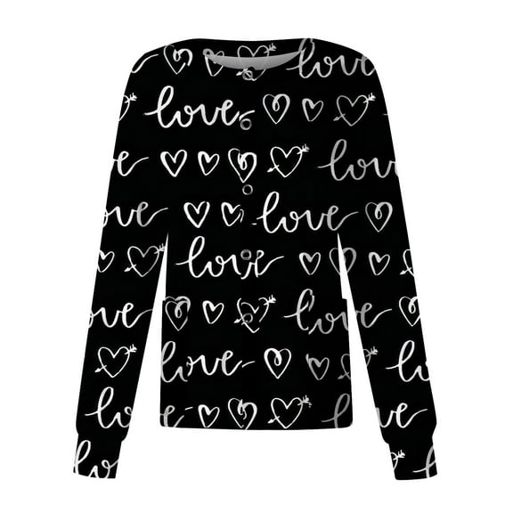 IYYVV Women's Long Sleeve Button Scrub Tops Valentines Day Letter Print Comfy Scrubs Jacket Top Nurse Working Uniform with Pockets Dark Gray S