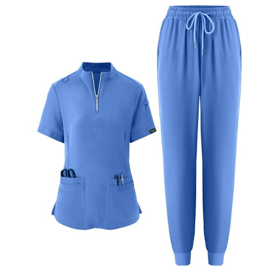 IYYVV Women's Medical Scrubs - Short Sleeve Mock Neck Scrub Set Pocket Nursing Tops Shirt and Cargo Pants Light Blue M