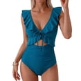 thumbnail image 1 of IYYVV Women's One Piece Swimsuit Tummy Control Ruffle Bathing Suit V Neck Ruched Swim Suit Slimming Cutout Swimwear Blue 2XL, 1 of 4