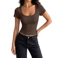 thumbnail image 1 of IYYVV Women's Short Sleeve Tops Summer Lace Trim Square Neck Slim Fitted Going Out Basic Tee Shirts Y2K Clothes 2026 Brown XL, 1 of 5