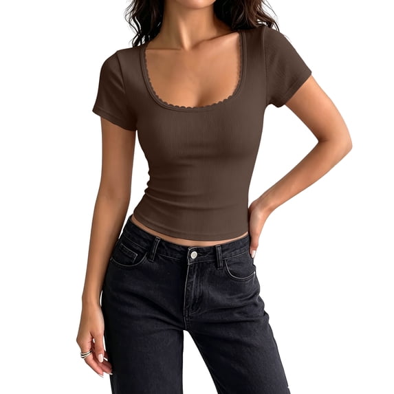 IYYVV Women's Short Sleeve Tops Summer Lace Trim Square Neck Slim Fitted Going Out Basic Tee Shirts Y2K Clothes 2026 Brown XL