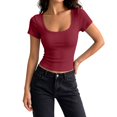 thumbnail image 1 of IYYVV Women's Short Sleeve Tops Summer Lace Trim Square Neck Slim Fitted Going Out Basic Tee Shirts Y2K Clothes 2026 Wine S, 1 of 5