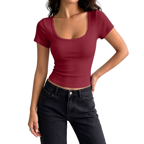 IYYVV Women's Short Sleeve Tops Summer Lace Trim Square Neck Slim Fitted Going Out Basic Tee Shirts Y2K Clothes 2026 Wine S