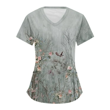 IYYVV Women's Stretch Scrubs Top Comfort Fit Lightweight Durable Working Uniform Pullover Floral Print V-Neck Nurse Scrub Tops with Pockets Gray 2XL