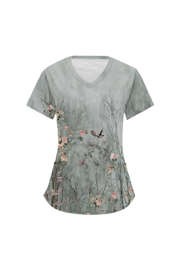 Women's Stretch Scrubs Top Comfort Fit Lightweight Durable Working Uniform Pullover Floral Print V-Neck Nurse Scrub Tops with Pockets Gray 3XL