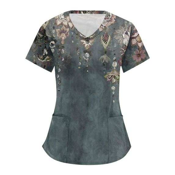 IYYVV Women's Stretch Scrubs Top Comfort Fit Lightweight Durable Working Uniform Pullover Floral Print V-Neck Nurse Scrub Tops with Pockets Navy L