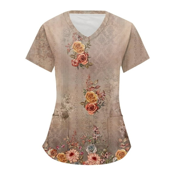 IYYVV Women's Stretch Scrubs Top Comfort Fit Lightweight Durable Working Uniform Pullover Floral Print V-Neck Nurse Scrub Tops with Pockets Pink 2XL