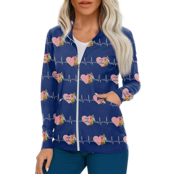 IYYVV Women's Ultra Soft Stretch Zip Up Scrub Jacket Floral Print Long Sleeve Scurbs Tops Navy 5XL