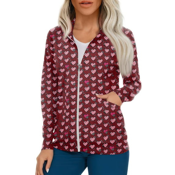 IYYVV Women's Ultra Soft Stretch Zip Up Scrub Jacket Floral Print Long Sleeve Scurbs Tops Red 5XL