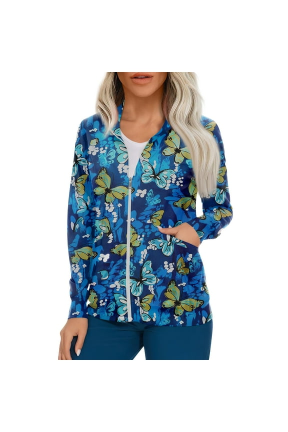 Women's Ultra Soft Stretch Zip Up Scrub Jacket Floral Print Long Sleeve Scurbs Tops Royal Blue 2XL