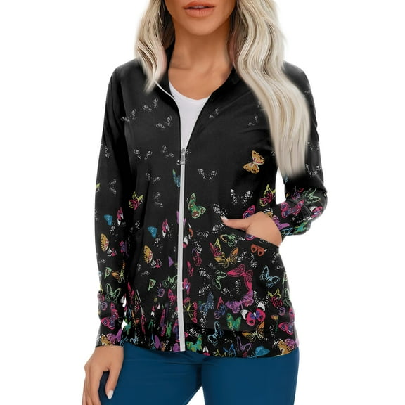 IYYVV Women's Warm Up Scrubs Jacket Zip Front Long Sleeve Scrub Jackets Nurse Uniform Black 2XL