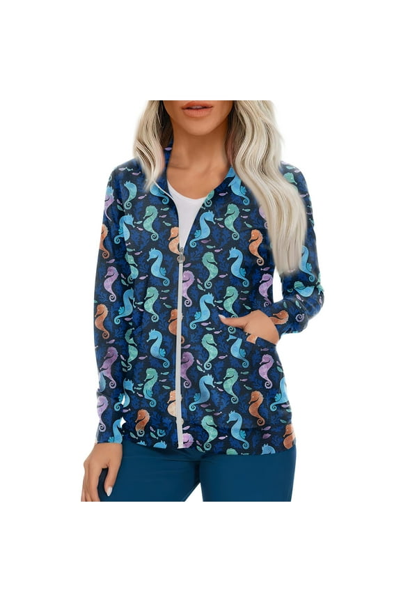 Women's Warm Up Scrubs Jacket Zip Front Long Sleeve Scrub Jackets Nurse Uniform Blue 2XL