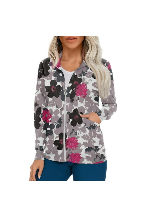 Women's Warm Up Scrubs Jacket Zip Front Long Sleeve Scrub Jackets Nurse Uniform Gray 2XL