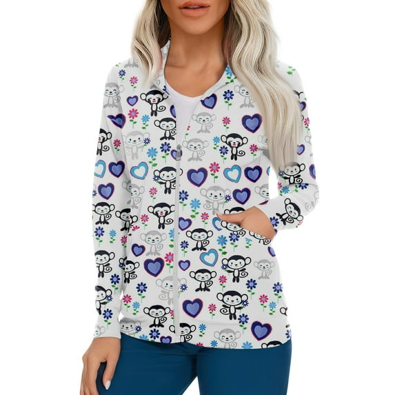 IYYVV Women's Warm Up Scrubs Jacket Zip Front Long Sleeve Scrub Jackets Nurse Uniform Light Blue 2XL