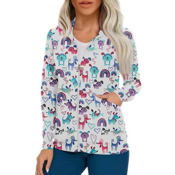 IYYVV Women's Warm Up Scrubs Jacket Zip Front Long Sleeve Scrub Jackets Nurse Uniform White XL