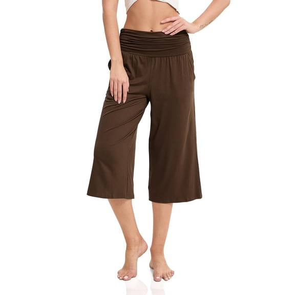 IYYVV Women's Yoga Flod Over Pants Comfy Casual Gaucho Capri with Pockets Wide Leg Capris Lounge Pant Coffee XL