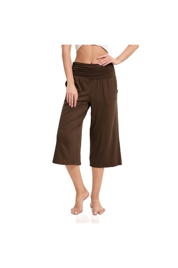 Women's Yoga Flod Over Pants Comfy Casual Gaucho Capri with Pockets Wide Leg Capris Lounge Pant Coffee XL