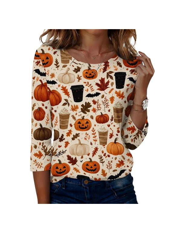 Womens 3/4 Sleeve Crew Neck Halloween Shirts Witch Pumpkin Fall Graphic Tee Tops 2026 Multicolor 2XL