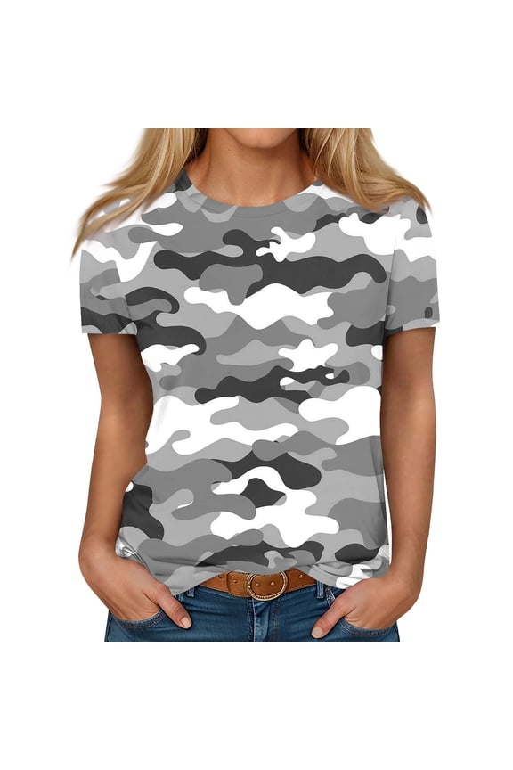 Womens Blouses Dressy Casual Short Sleeve Cute Shirts For Women Vintage Crew Neck Camo Print Funny Tshirts Plus Size Tops Spring Clothes Teen Girls Gray 4XL