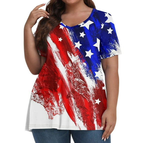 IYYVV Womens Blouses Plus Size Summer Tops For Women Trendy Vneck Maternity Shirts 4Th Of July Independence Day Fitted T Shirts Short Sleeve Athletic Sweatshirt Fall Teacher Clothes Red 4XL