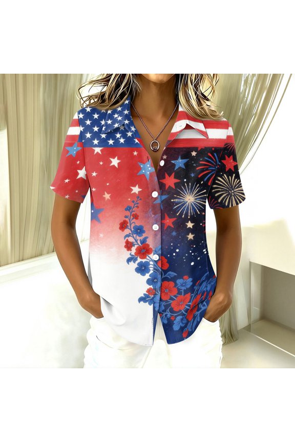 Womens Button Down America Flag Shirts Independence Day Patriotic 4th of July Short Sleeve Collared Blouse Blue 2XL