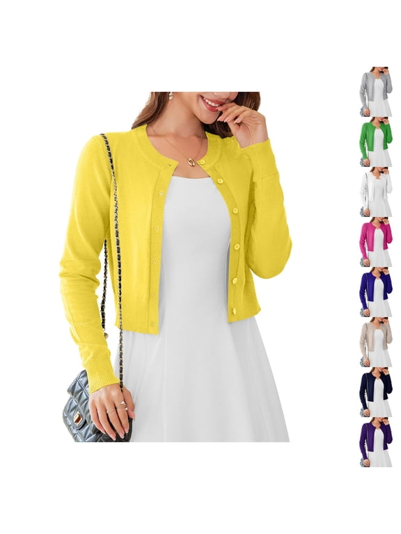 Womens Cropped Cardigan Sweaters Lightweight Knit Crew Neck,Button Down,Open Front,Long Sleeve,for Dress,Office Yellow L