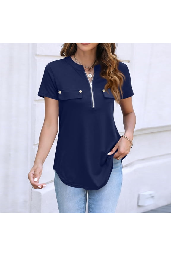 Womens Dressy Casual Tops Short Sleeve Zip Front Flowy Business Work Blouses Summer Shirts 2026 Navy S