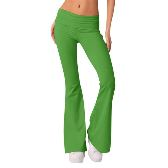 IYYVV Womens Flare Leggings Fold Over Waist Sweatpants Boot Cut Pantsuit Skinny Tall Sweatpants Solid Color Leggings for Women Fashion Fleece Pajama Pants Women Green M