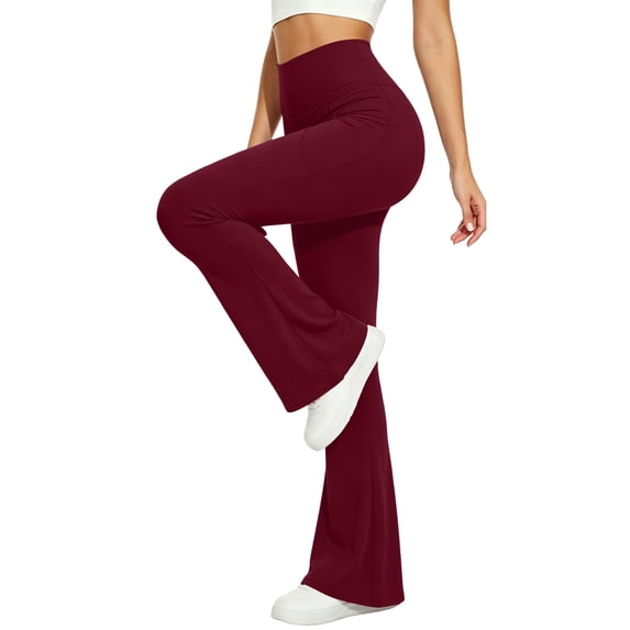 IYYVV Womens Flare Yoga Pants with Pockets High Waist Tummy Control Flared Leggings Bell Bottom Gym Workout Leggings 2026 Wine S