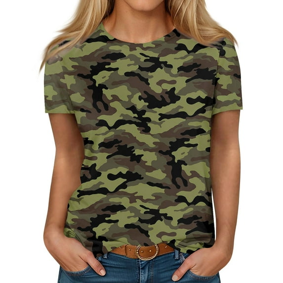 IYYVV Womens Graphic T Shirts Summer Tops Trendy Short Sleeve Athletic Scoop Neck Blouses Camo Oversized Graphic Tees For Women Spring Beach Clothes Dark Green 2XL