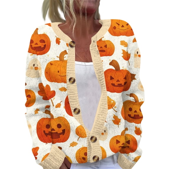 IYYVV Womens Halloween Cardigan Sweaters Ghost Print Button up Cardigans Fall Winter Warm Sweater Coats Beige S