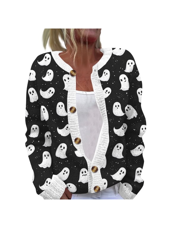 Womens Halloween Cardigan Sweaters Ghost Print Button up Cardigans Fall Winter Warm Sweater Coats Black S