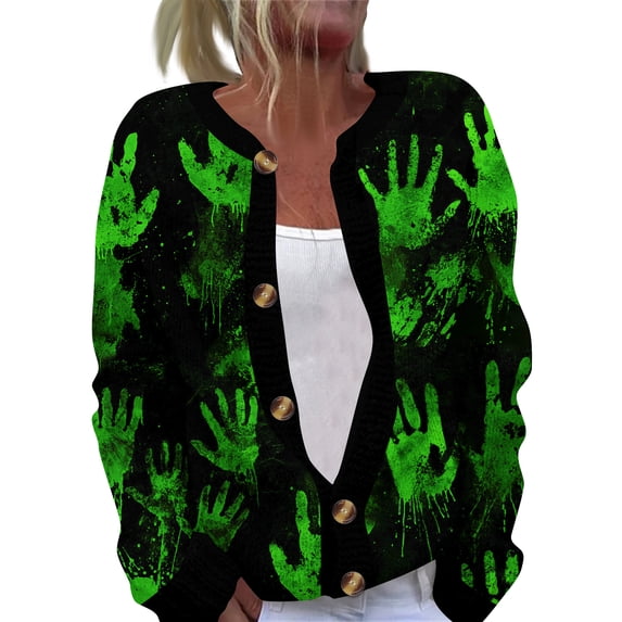 IYYVV Womens Halloween Cardigan Sweaters Ghost Print Button up Cardigans Fall Winter Warm Sweater Coats Green S